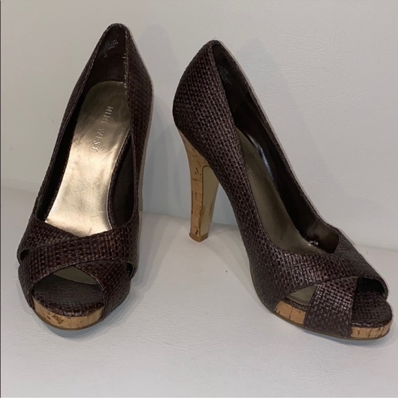 Nine West Women’s Brown Wicker Cork Heels Open Toe Pumps Size 7 US - Picture 1 of 12